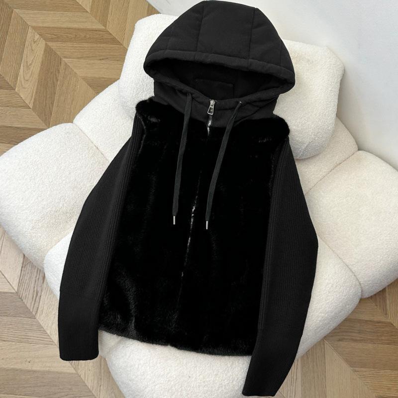 Feeling fake two pieces knitted splicing sleeves fluffy hooded short jacket women's small warm cotton clothes trendy