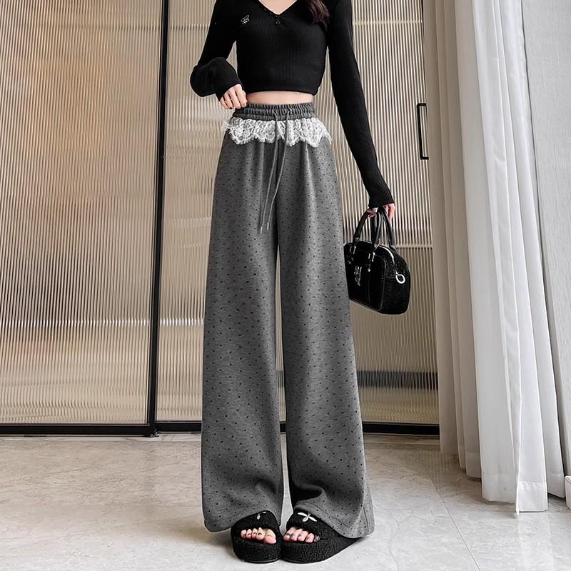 Black Polka Dot High Waist Lace Trim Wide Leg Sporty Pants for Women - Slimming, Casual, Spring/Autumn 2025