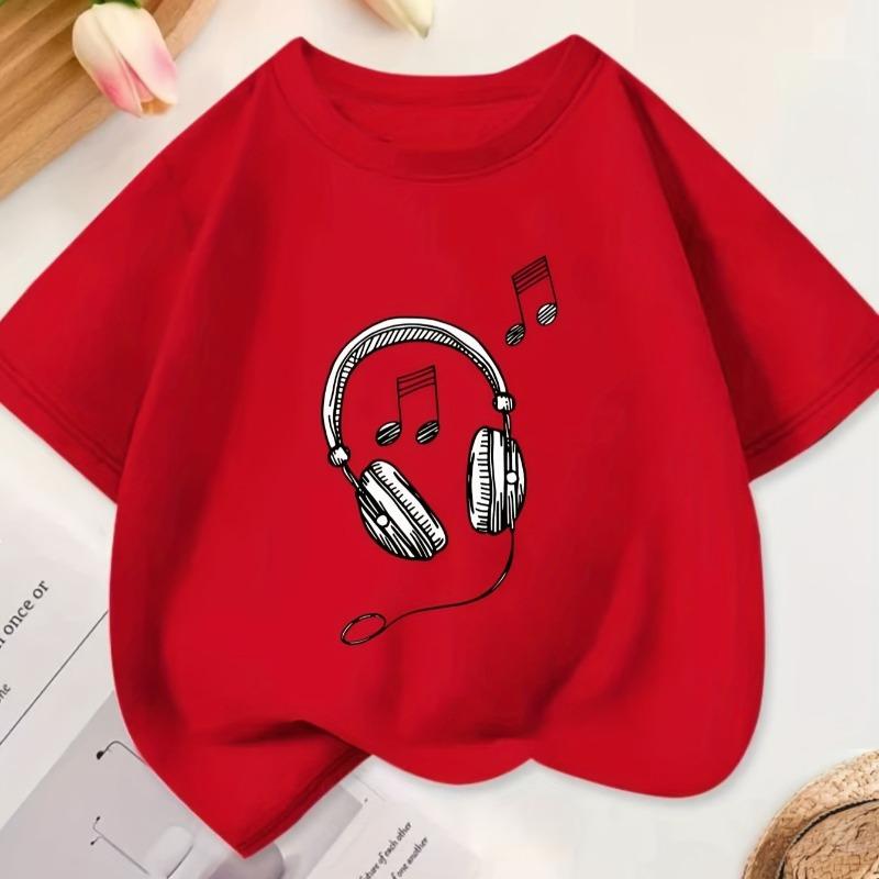 Kids Summer Crew Neck Short Sleeve T-Shirt with Sketch Headphones & Music Notes Print