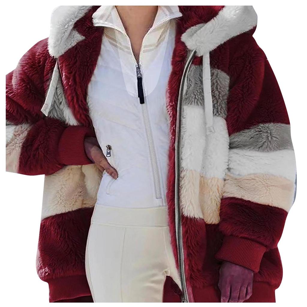 Womens Fashion Splicing Winter Loose Plush Long Sleeve Zipper Pocket Hooded Coat