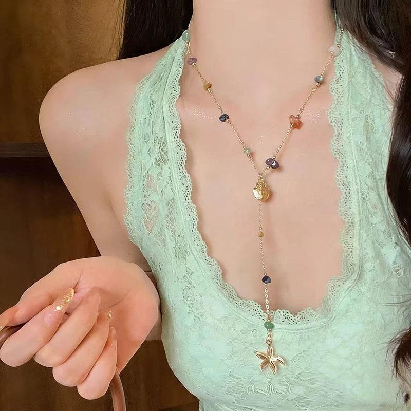Flower Pendant Layered Necklace Gold Plated Colorful Chain Choker Y2K Aesthetic Jewelry For Women