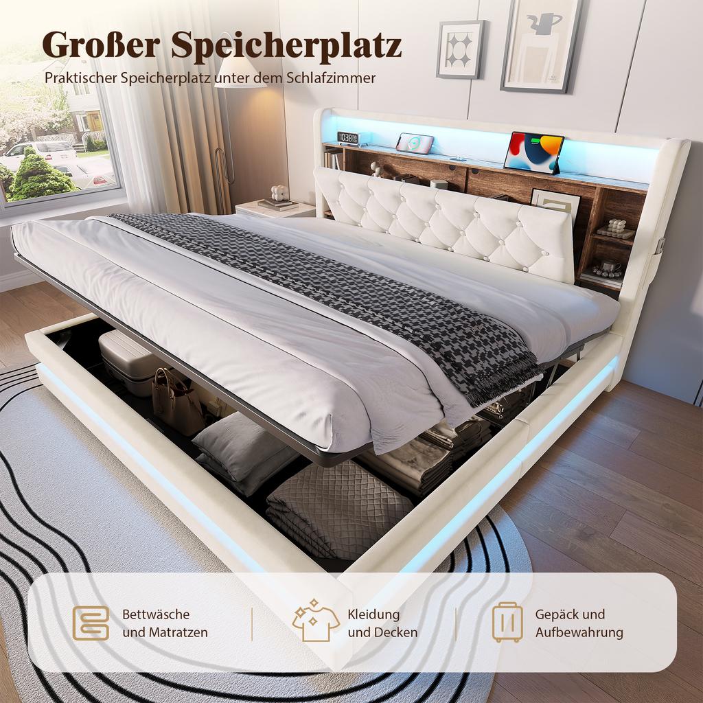 Letto imbottito con contenitore 180 × 200 cm, Letto in velluto con testiera multifunzionale, Illuminazione a LED, 2 Porte USB e Type-C, Idraulico, Beige