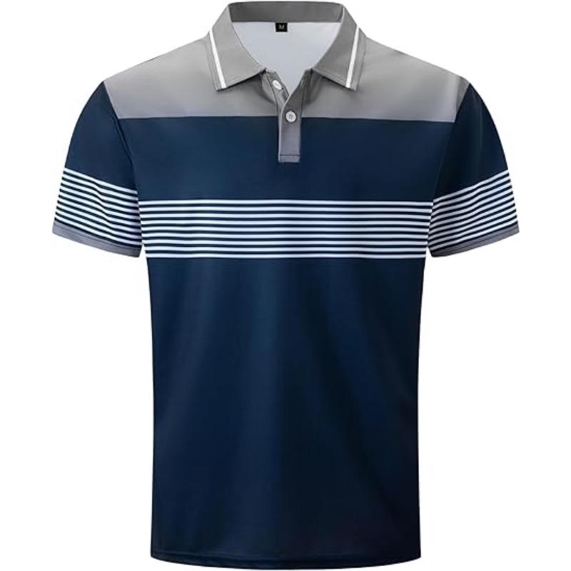 Short Sleeved Men's Fashion Color Blocked Polo Shirt Casual T-shirt Striped Moisture Wicking Golf Shirt Top