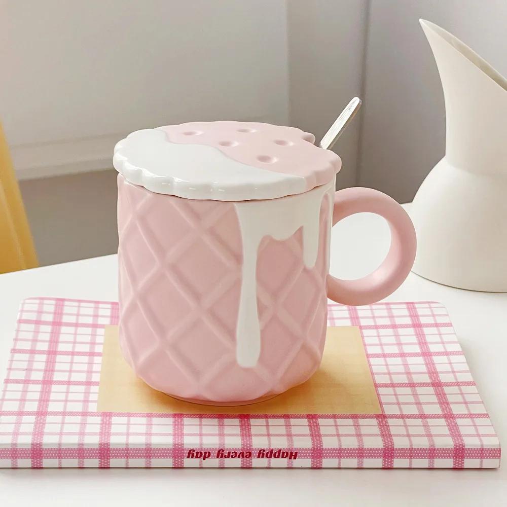 1pc 400ML Biscuit Pattern Coffee Mug With Lid And Spoon Ceramic Coffee Cups Cute Kawaii Water Cup Summer Winter Drinkware Gifts