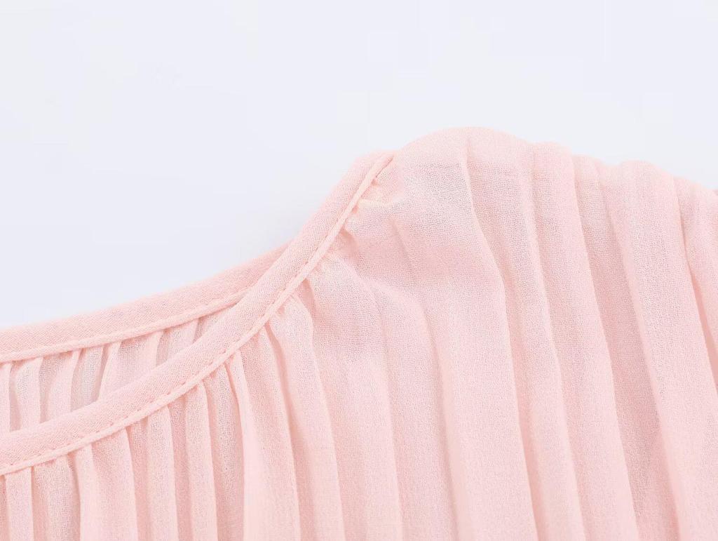 2026 Spring Women's European Style Pink Chiffon Long Dress with Short Sleeves