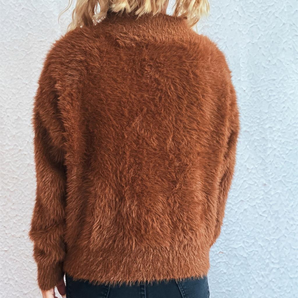 Damen Einfarbig Kurz Lässig Revers Halber Reißverschluss Gestrickt Modisch Oberteil Pullover