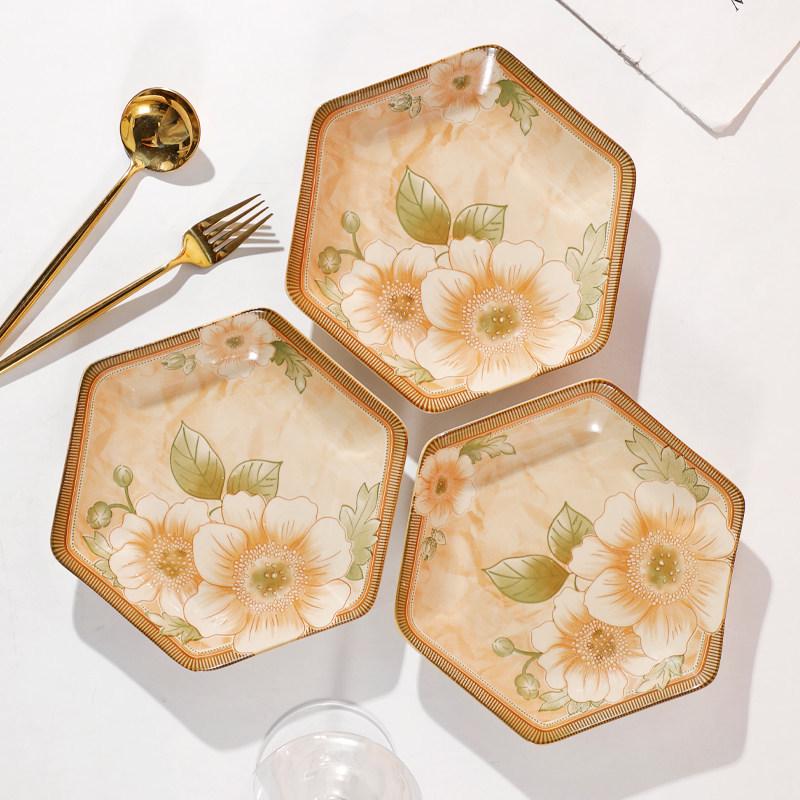 European Jasmine Rhombus Ceramic Dinnerware Set - Includes Small Plates, Fruit Plates, and Dinner Plates.