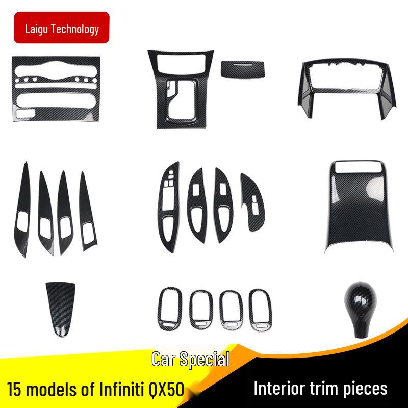 QX50 Carbon Fiber Interior Trim: Gear Shift Knob, Navigation, Car Door, Peach Wood. Suitable for 2015 Models.