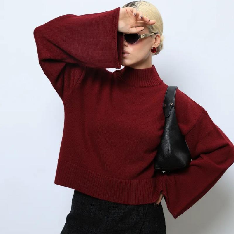 Autumn Winter High Collar Solid Simple All-match Sweater Ladies Flare Sleeve Fashion All-match Knitting Pullover Top