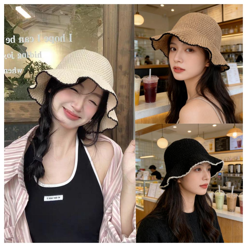 New bucket hat women's summer sunshade sunscreen straw woven basin hat versatile face small wide brim woven hat