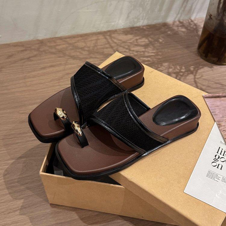 

[youshilai] Летние корейские повседневные шлепанцы с закрытым носком на танкетке, ретро-римские пляжные туфли на толстой подошве 35