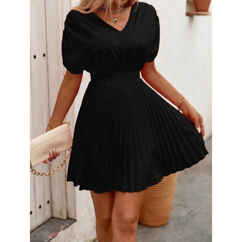 European summer new solid color bat sleeve simple pleated hem V-neck short dress women XS чёрный