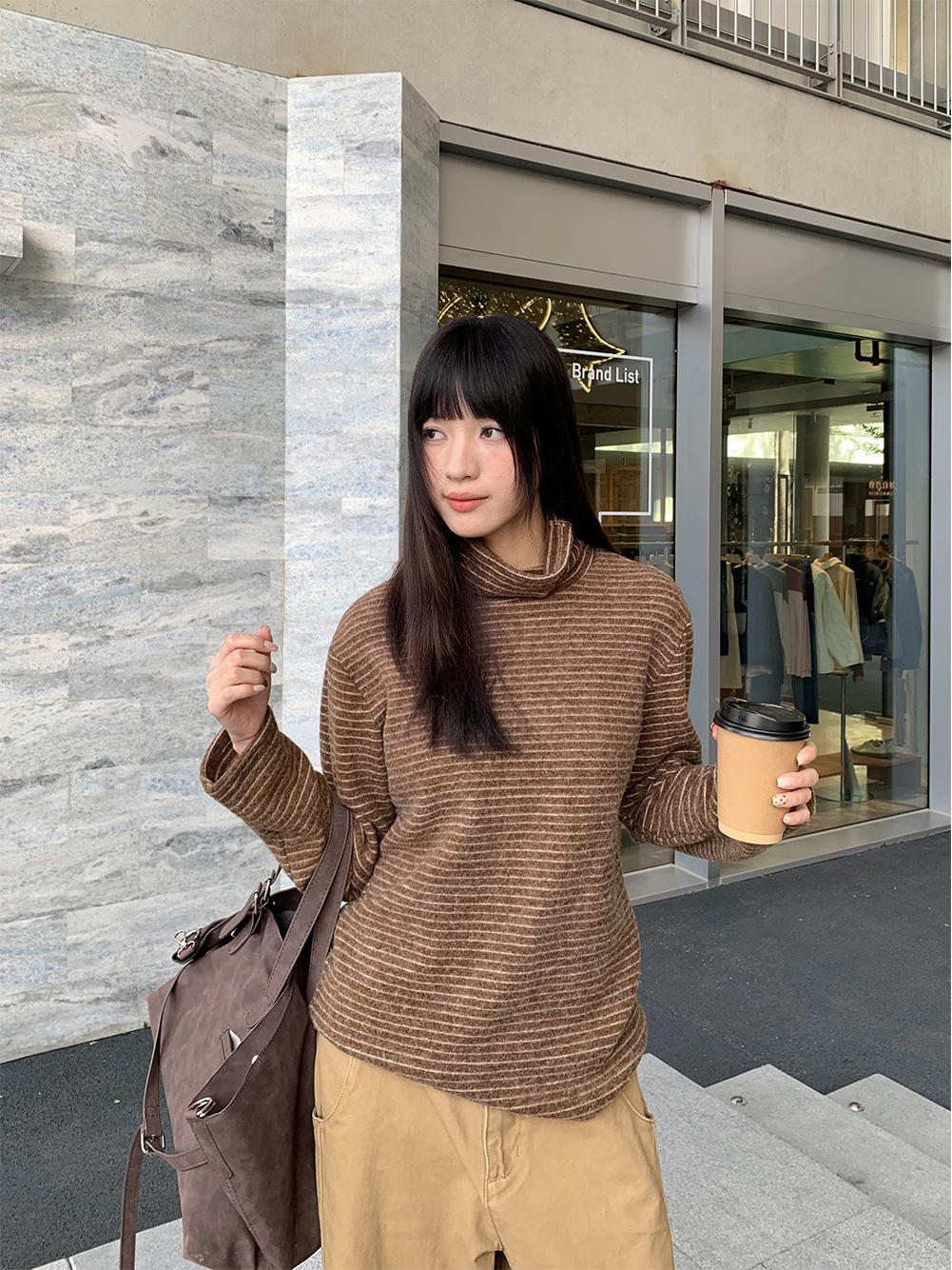 Yuyi 2025 Autumn/Winter Korean Retro High Neck Striped T-shirt for Women, Brushed Base Layer Top, m3853 One Size