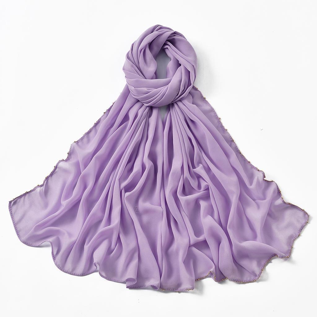 Muslim Chiffon Hijab Women Glitter Chain Edge Premium Chiffon Scarf Solid Color Plain Shawl Unique Edge Design Headscarf Wraps