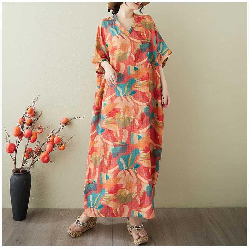 Women's Vintage Long Dress with Cotton and Linen Patterns