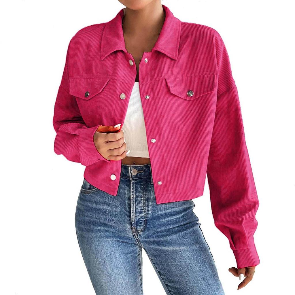 Womens Fashion Cropped Shacket Button Down Corduroy Shirt Jackets Casual Long Sleeve Crop Tops Trendy Fall Outfit