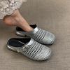 Sheepskin Version~ Women's One-pedal Belt Buckle Half Slippers Versatile Thick Heel Round Head Woven Bag Head Shoes