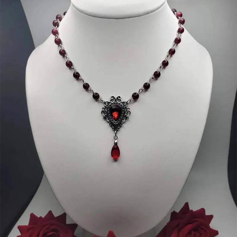 Gotický viktoriánský náhrdelník Romantický vintage krvavě červený korálkový řetízek Pro ženy Dívky Vynikající choker Šperky Doplňky Dárky