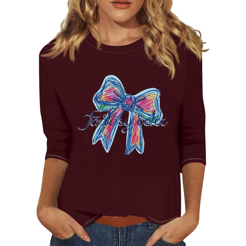 Women's Fashionable Casual Three Quarter Sleeve Printed Collar Pullover Top