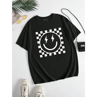 Smiley Blitz Design Damen Sommer Schachbrettmuster T-Shirt Mit Rundhalsausschnitt Grafik-T-Shirts Damen Oberteile