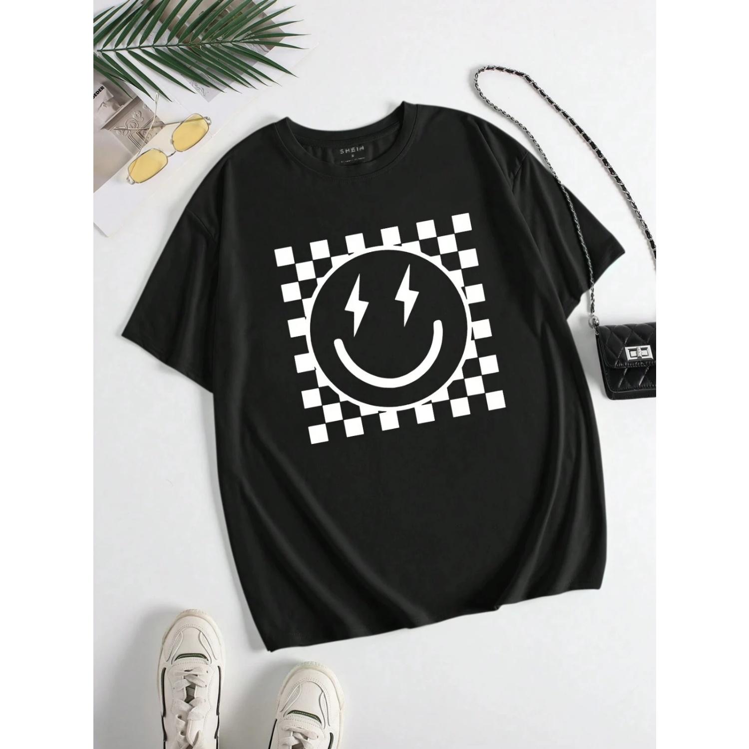 Smiley Lightning Design Women s Summer Checkerboard Printed T-Shirt With Round Neck Graphic Tees Women Tops S чёрный