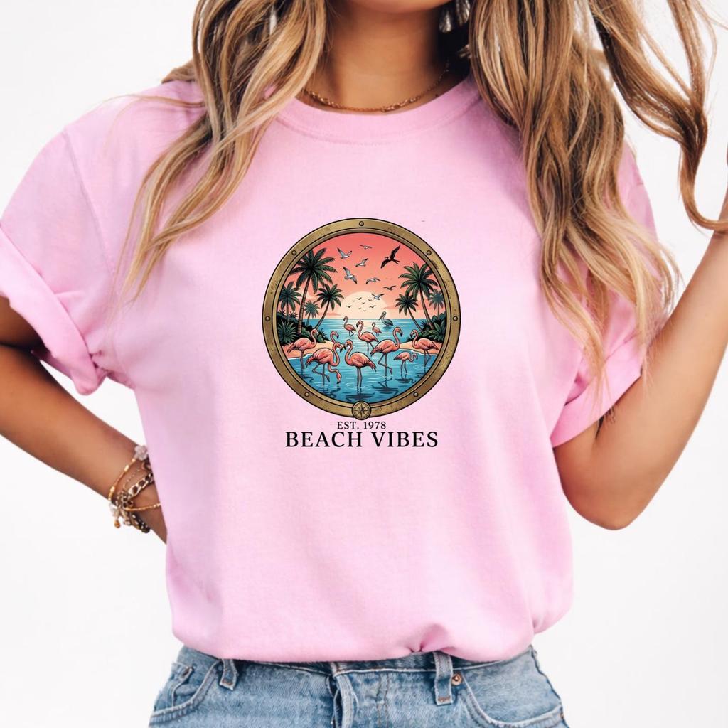 Beach Vibes T-Shirt and kids tshirt, Tropical Palm Trees, Summer Vacation Apparel, Retro Flamingo T-Shirt and kids tshirt, Vintage Palm Tree Design