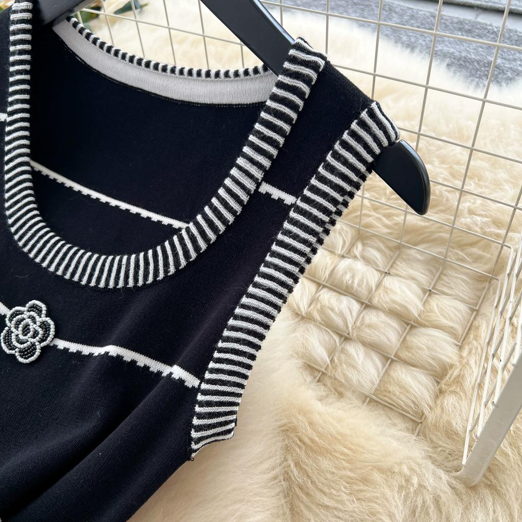 Summer Women Casual Black Sleeveless Striped Long Maxi Knitted Sweater Dresses