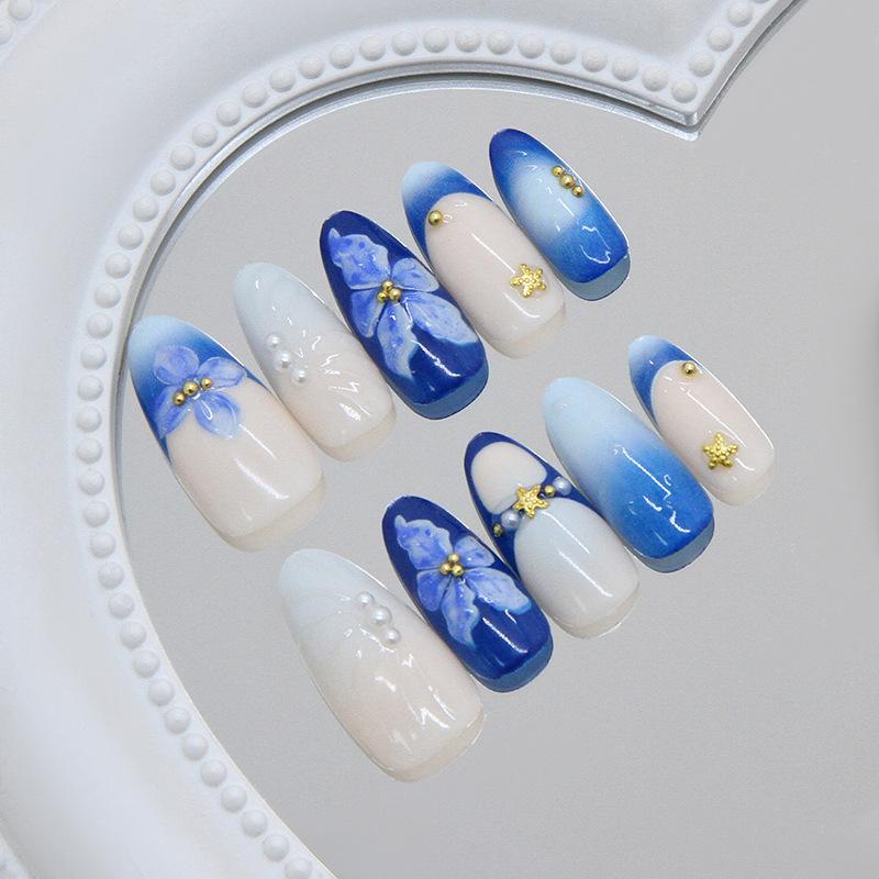 Three-dimensional sea blue smudged ice flower pearl starfish ripple sweet fashion European and American style removable nail art pieces 30 pieces