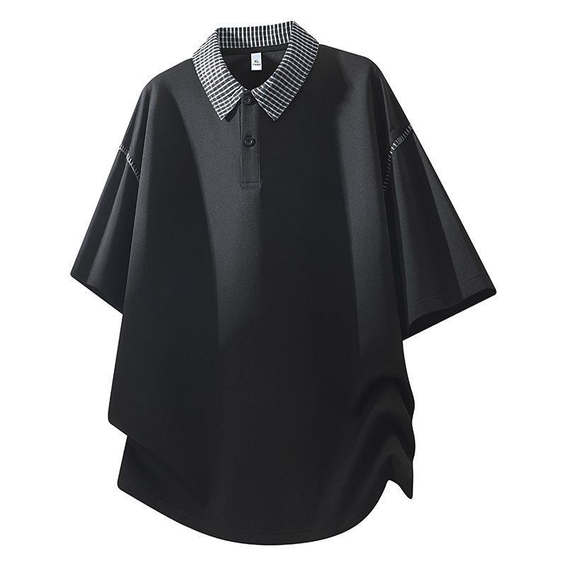 Men's Plaid Lapel T-Shirt, Fake Two-Piece, Breathable, Loose Fit, Spring/Summer, Five-Point Sleeve, Casual Top