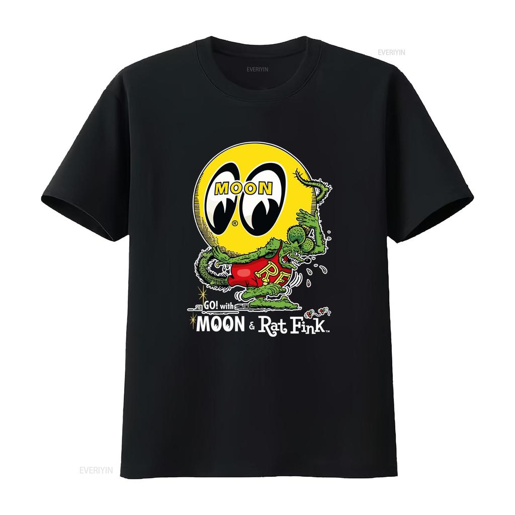 MoonEyes Go With Moon Rat Fink Cotton T Shirt Retro Eyeball Design for Mens Fashion vintage Washed Casual streetwear Stretched