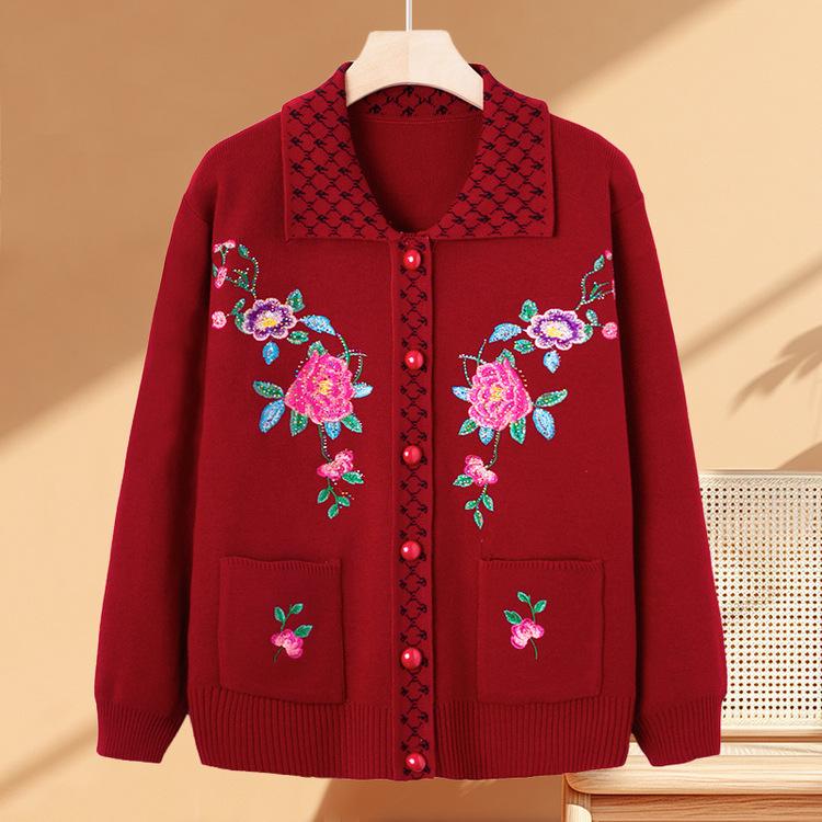 Middle-aged and Elderly Women's New Autumn Embroidered Sweater Coat Grandma Sweater Lapel Coat Mom Cardigan.