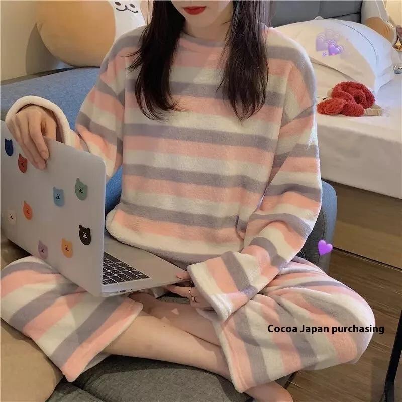 

Пижама женская зимняя коралловая бархатная студенческая домашняя одежда из двух частей, носимые с круглым вырезом и длинным рукавом, длинные брюки из фланели M розовый