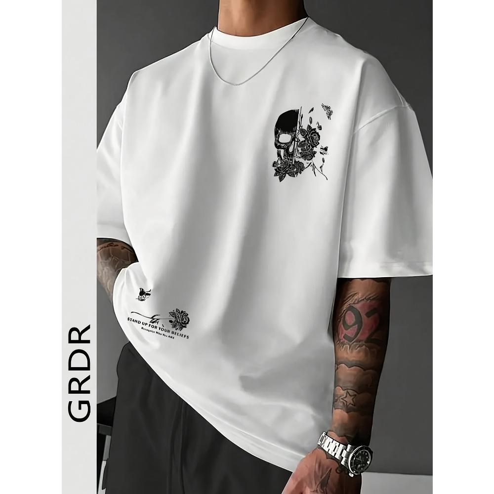 Men s Summer Skull and Rose Pattern Printed Casual Round Neck Short-sleeved T-shirt, Comfortable and Fashionable S