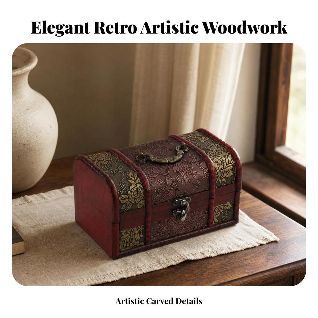Vintage Wooden Storage Box Metal Latch Decorative Chest Top Handle