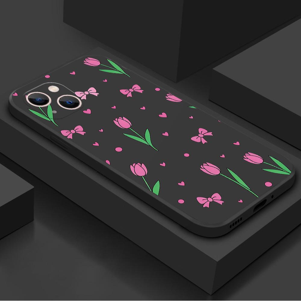 Ins Style Women's Tulip Mobile Phone Case Is Suitable for Apple 17Pro Straight Edge Soft Case Iphone16 Mobile Phone Case.