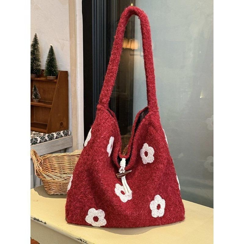 Plush flower embroidery tote bag women's new sweet niche shoulder bag large capacity plush bag