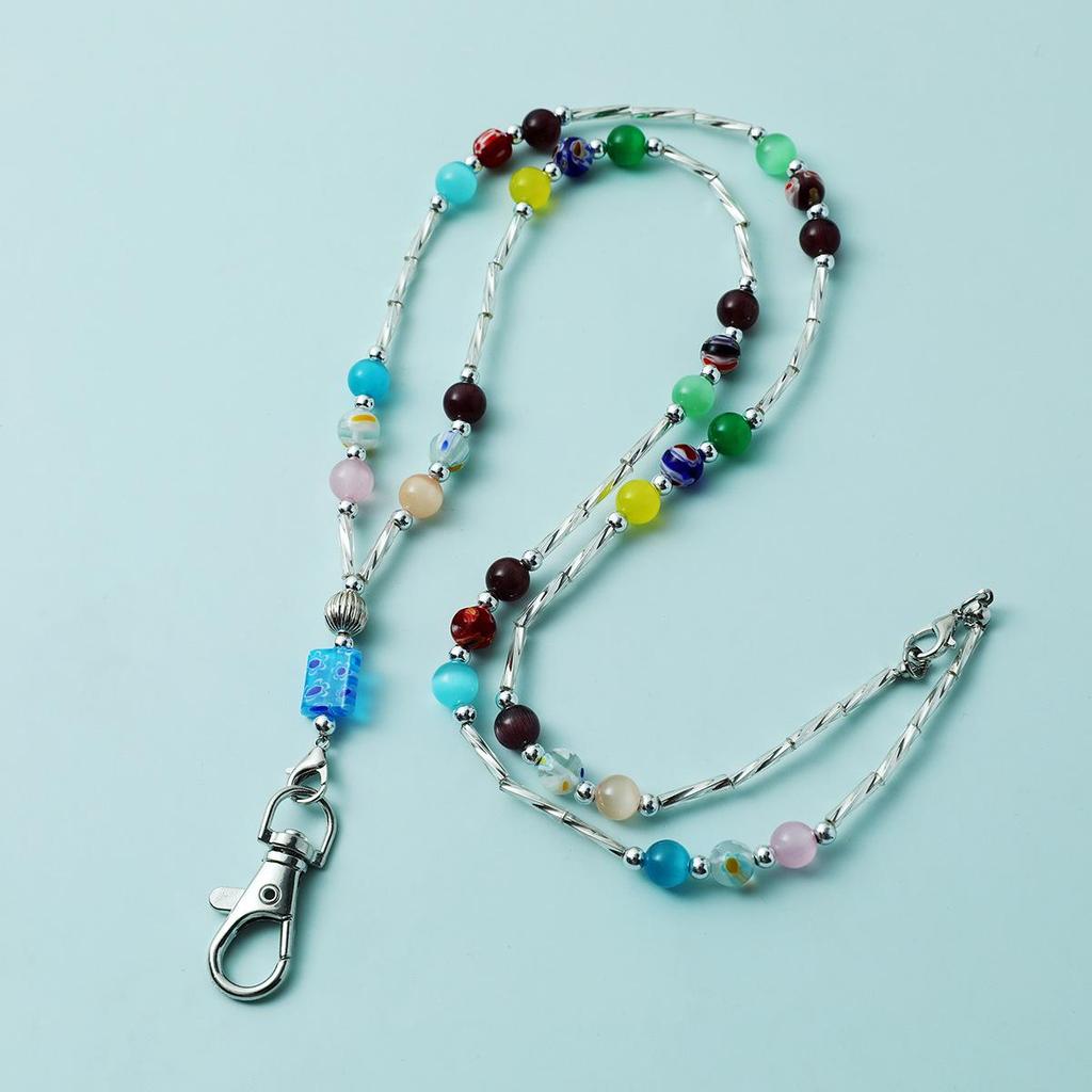 Crystal Stone Lanyard Necklace with Easy-Pull Buckle for ID and Keys