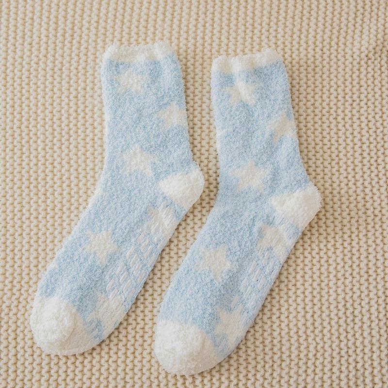 Non-shedding Coral Fleece Socks, Women's Glue Anti-slip Floor Socks, Star Half-fleece Winter Mid-calf Sleeping Socks