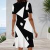 Women Plus Size Round Neck Short Sleeve Black White Printed A Line Dress