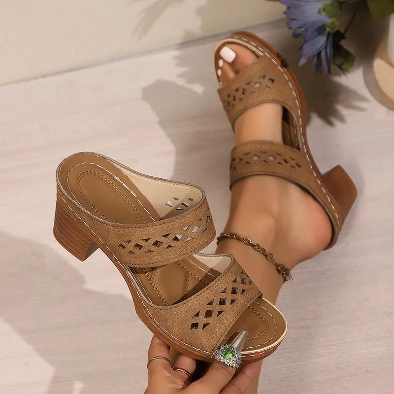 Fashion Retro Hollow Out Thick-Heeled Sandals Women Summer Lightweight High Heels Slippers Woman Plus Size Outdoor Platform Sandles 43