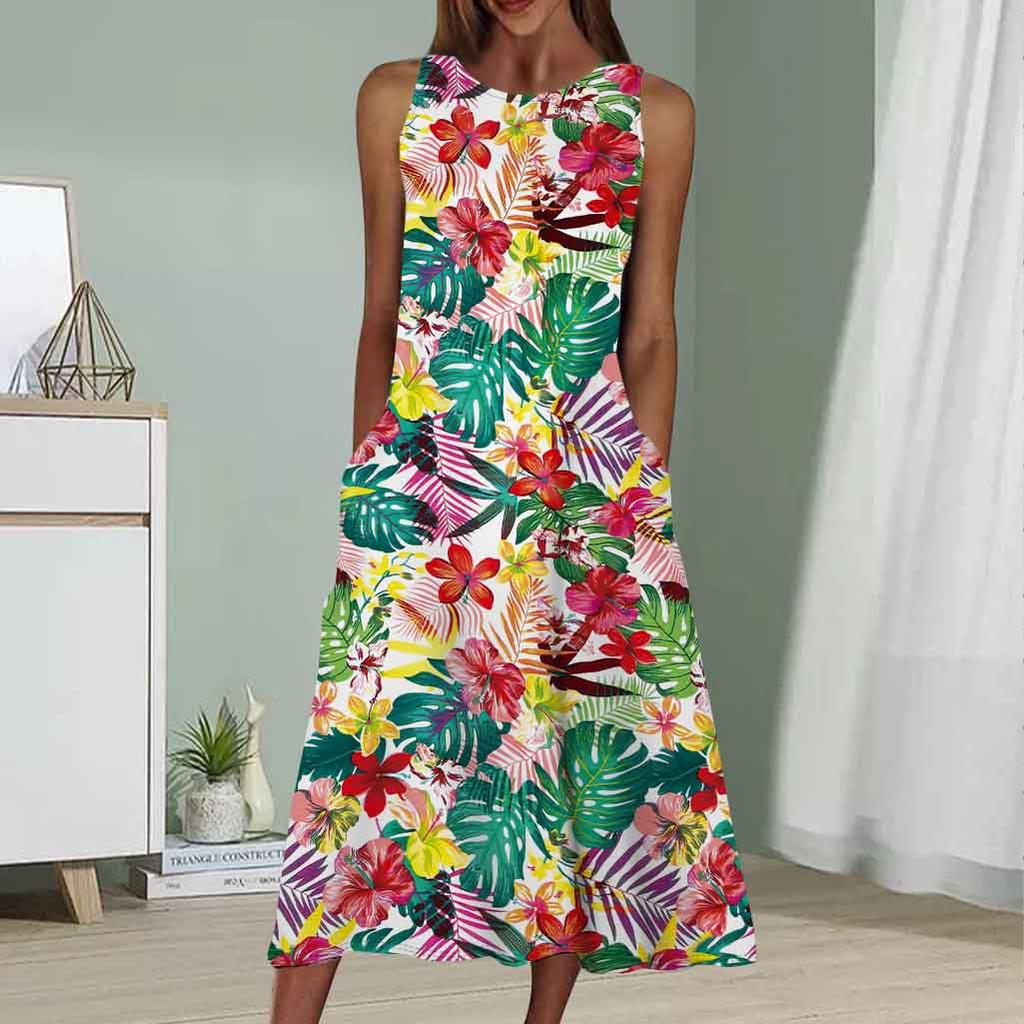 Summer Fashion Sexy Sleeveless Dress Soft Casual 3D Banana Leaves Print Dress Sleeveless Sling Dress