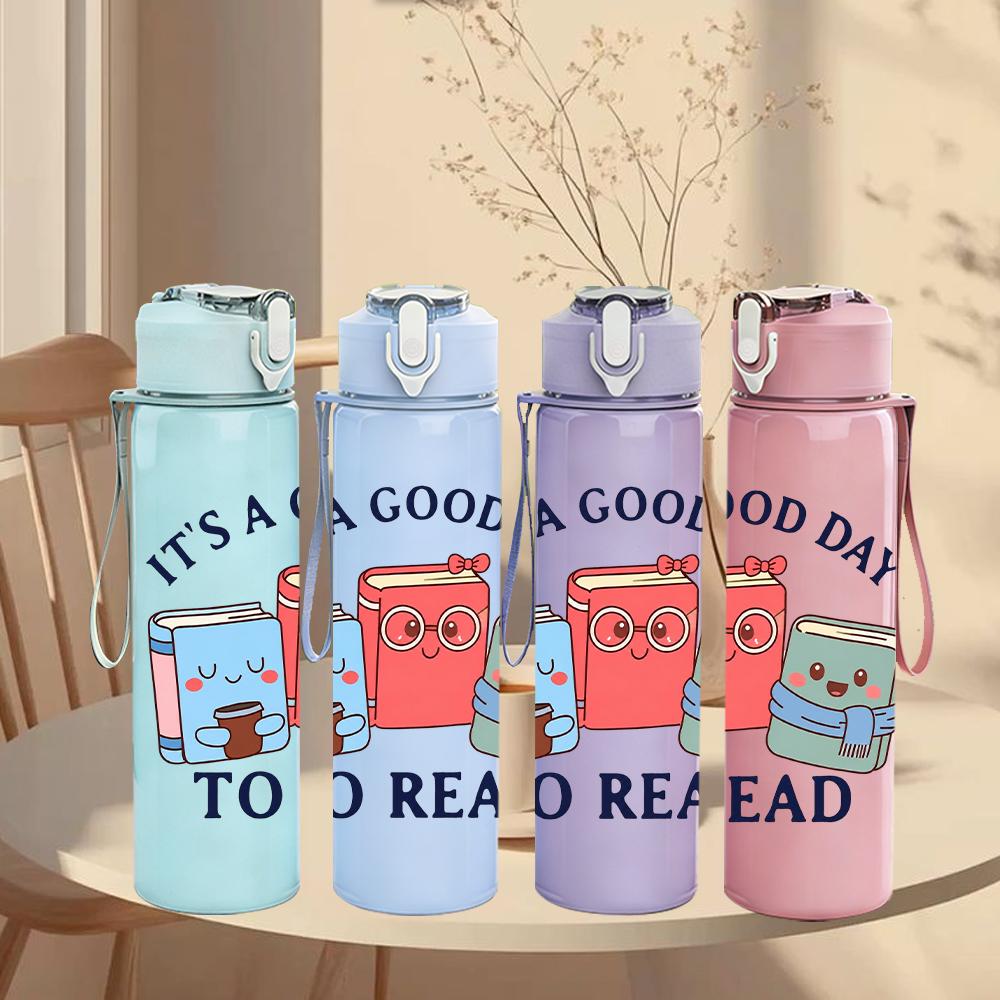 1PC It Is A Good Day To Read Book Art 750ml Color Plastic Water Bottle Leakproof Flip Straw Lid For Sports Office Home Use
