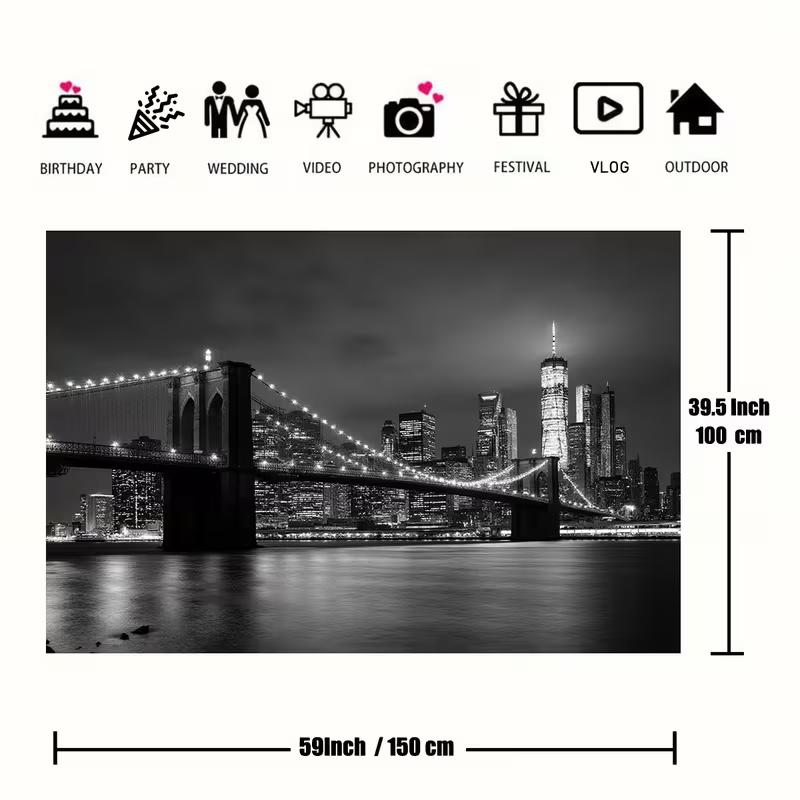 2D Monochrome NYC Backdrop, Brooklyn Bridge Photography Background