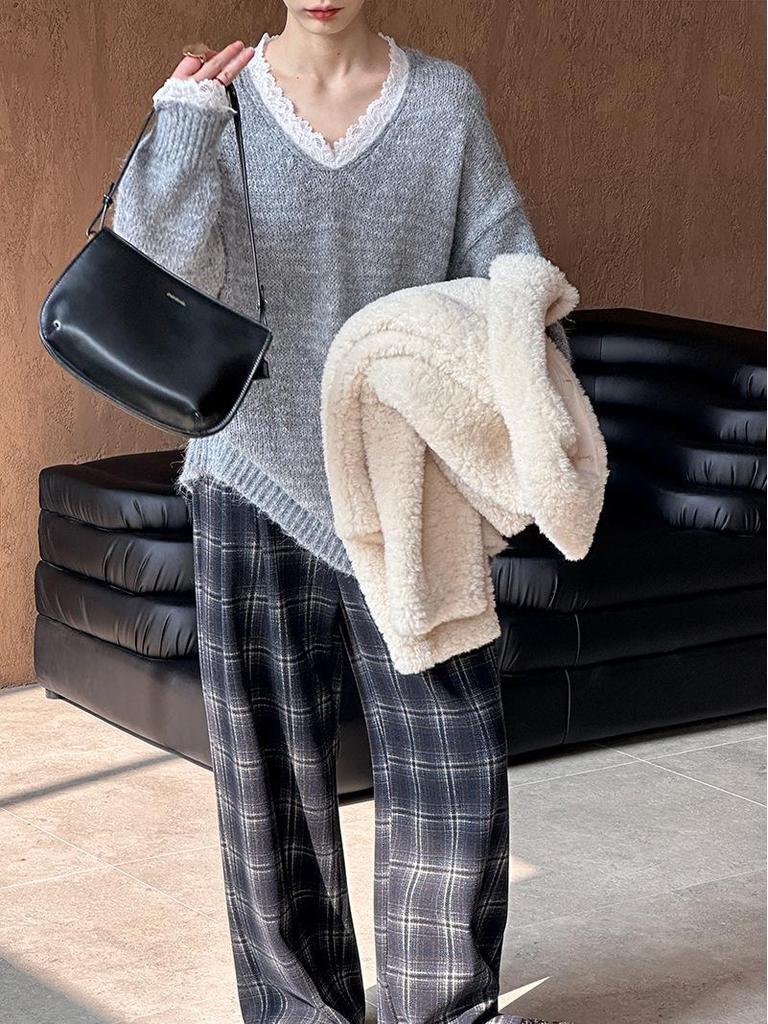 Ju Zhi 2024 Autumn/Winter Korean Loose Casual V-Neck Pullover Sweater Knitwear