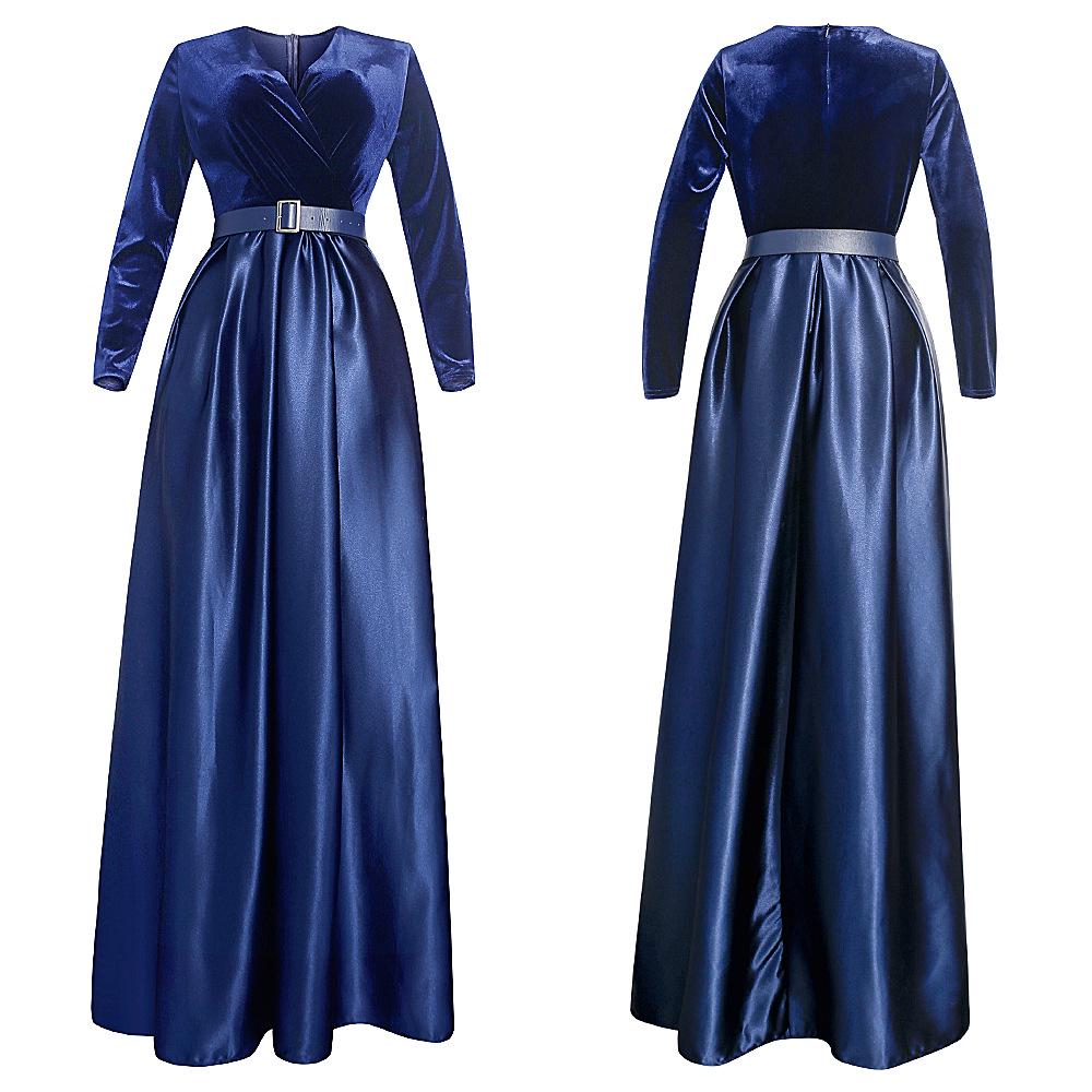 African Women's Deep V Velvet Long Sleeve Swing Dress with Belt - Autumn/Winter Fashion 2022