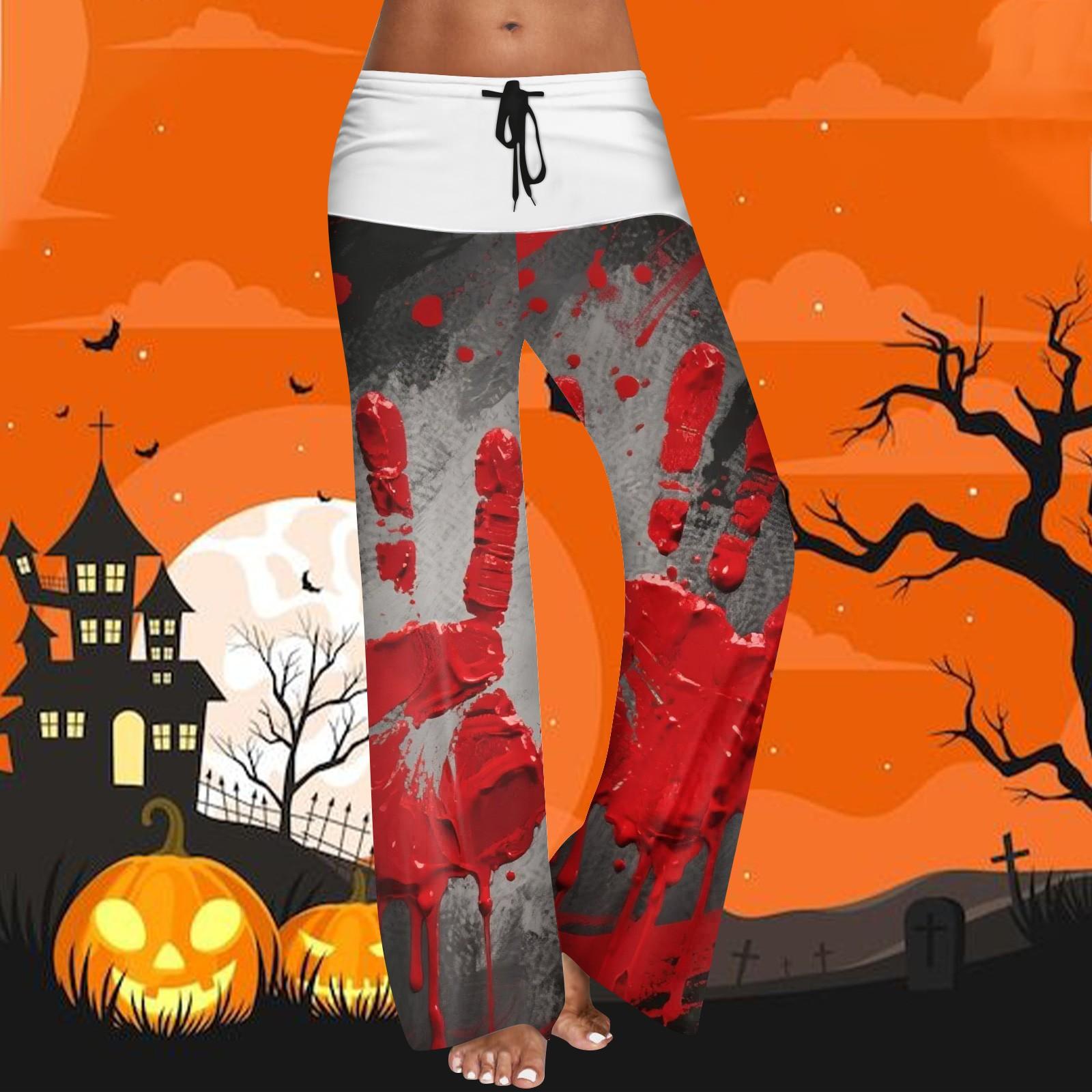 

Женские повседневные брюки с эластичным поясом на кулиске, широкими штанинами, цветной вставкой и принтом на Хэллоуин S