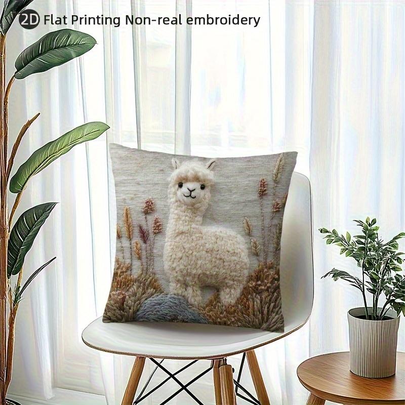 2D Flat Printing Vintage Alpaca Embroidery Throw Pillow Cover -Non-real Embroidery, Soft Plush Polyester