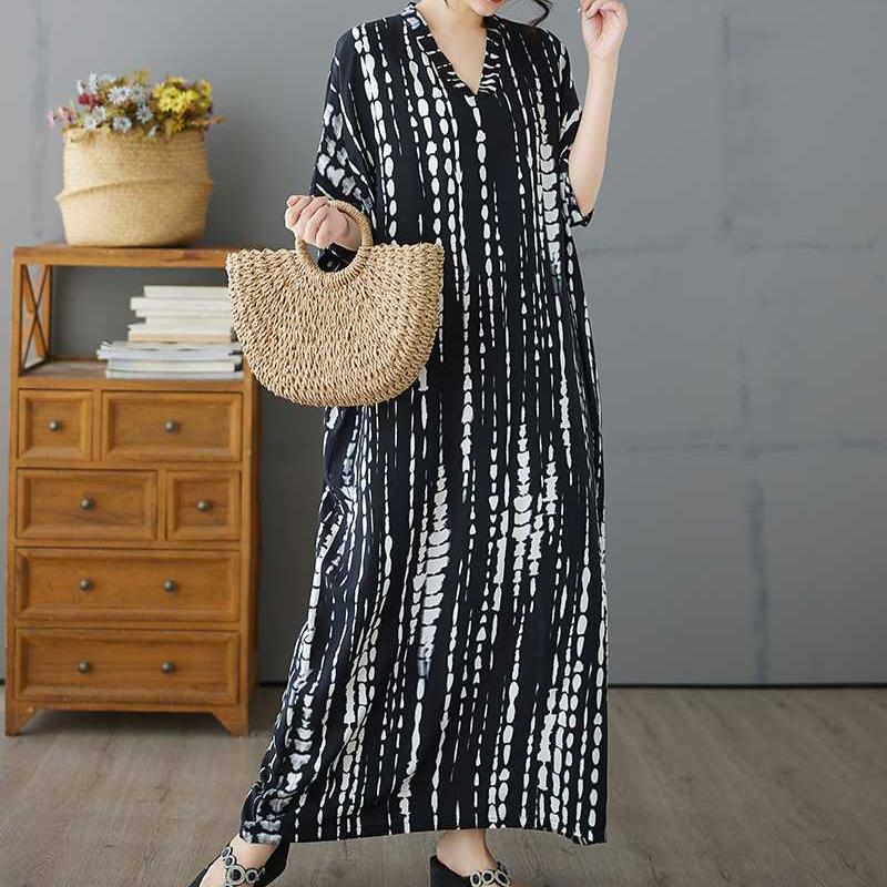 Black Striped Women's Cotton Short Sleeved Long Loose Casual Dress