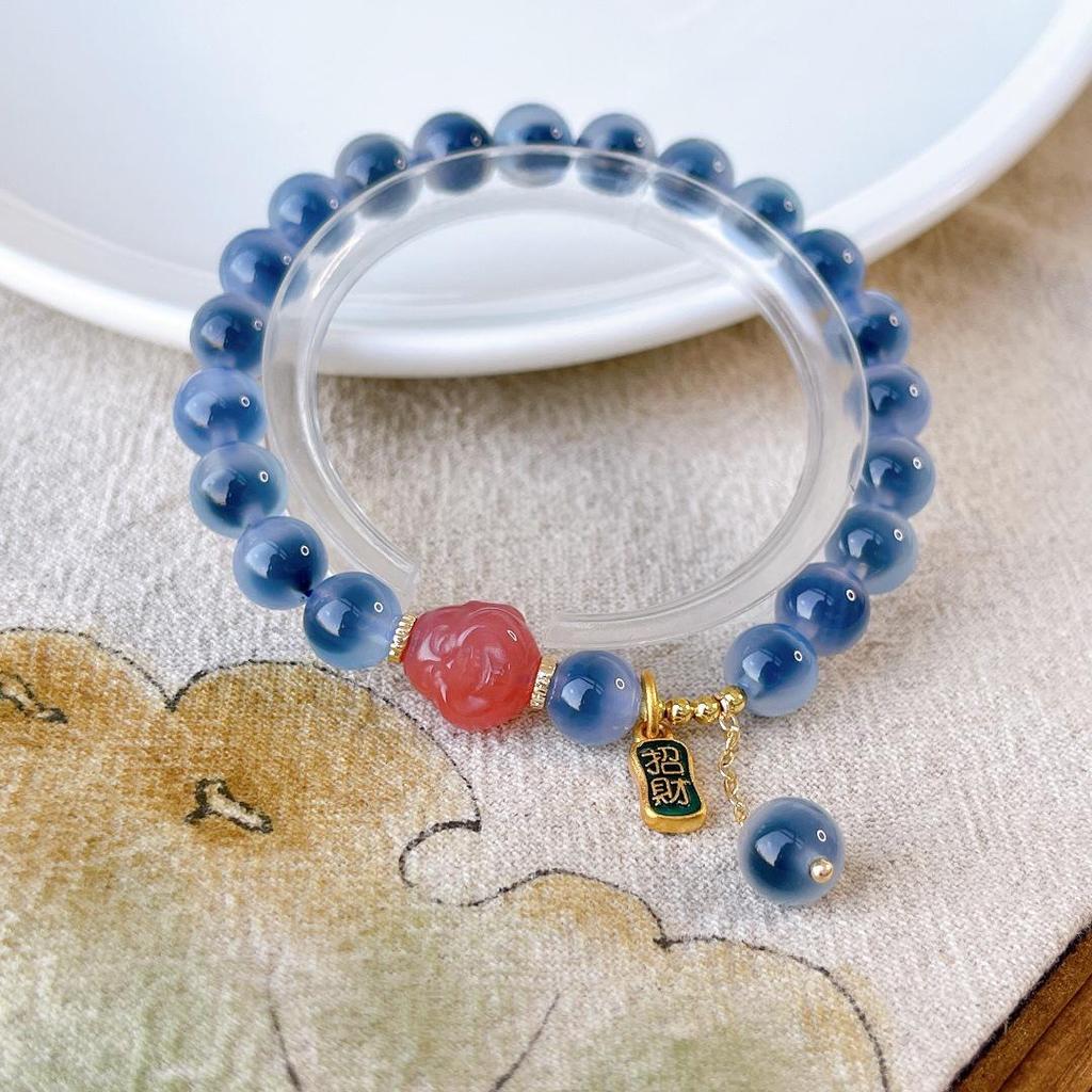 Blaues Achat-Herzarmband mit Perlen & Vergoldetem Silbermond, Frischer Xiaohongshu-Stil Geschenk.