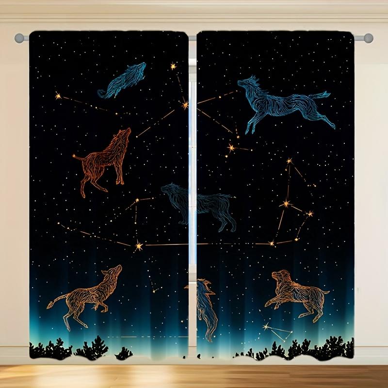 2pcs Wolf and Dog Constellation Curtains- Starry Night Sky Design, Polyester Semi-Transparent Modern Bedroom Curtains, Rod 60×150